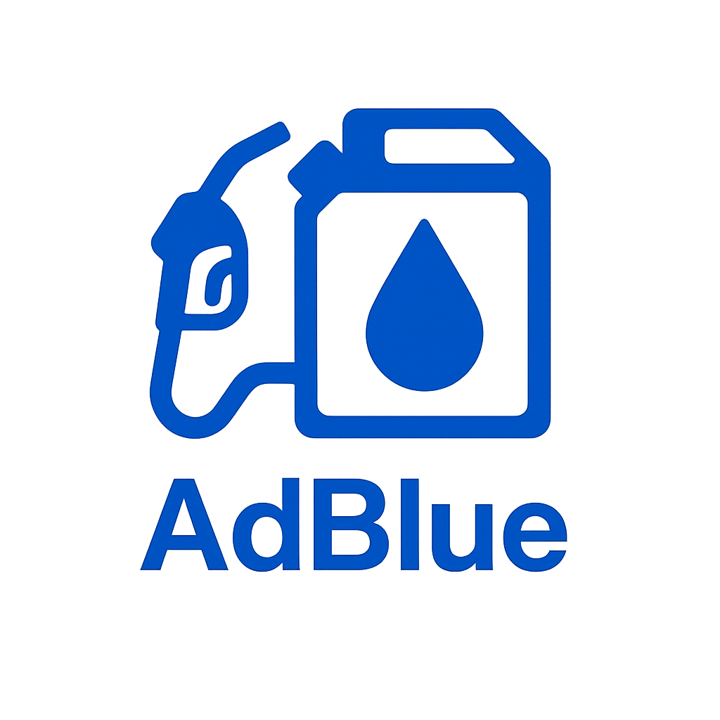 AdBlue logo met een blauwe druppel en een tankpictogram, gebruikt voor dieselmotor emissiereductie.