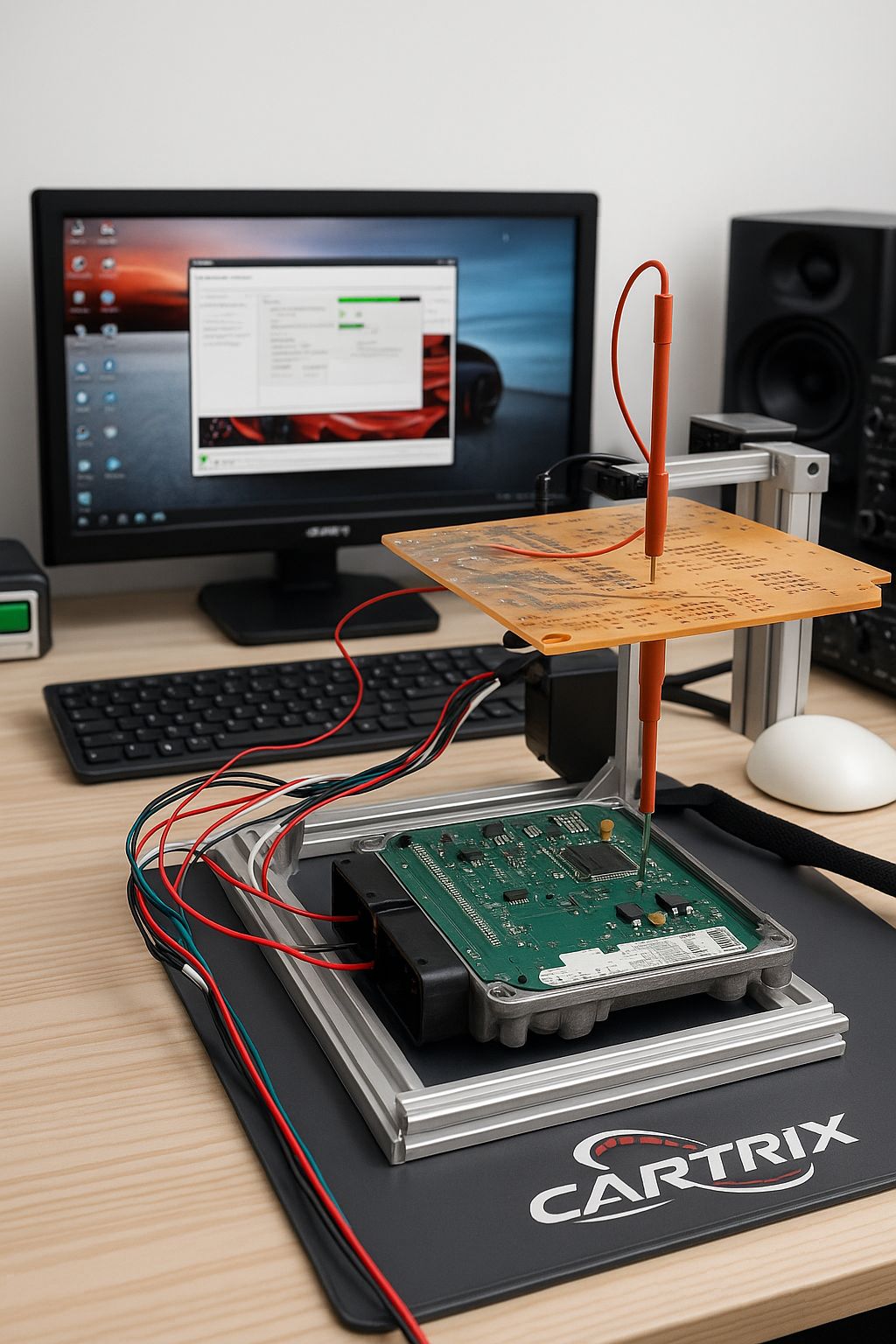 Close-up van een chiptuningtool aangesloten op een auto-computer bij Cartrix.